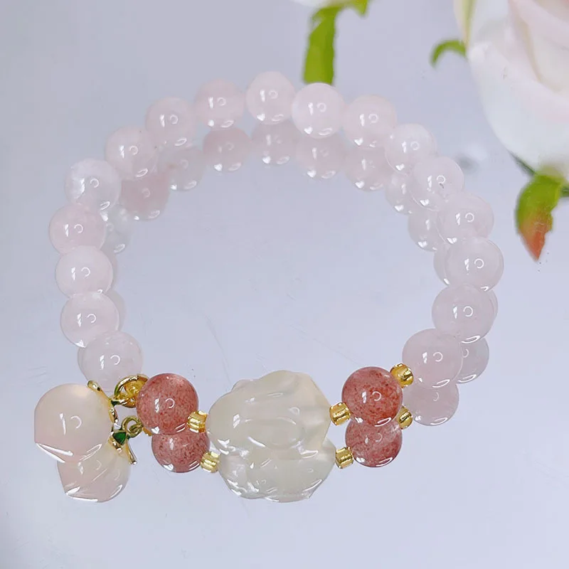 

New Rabbit/Peach Natural Rose Quartz/Agate/Strawberry Crystal/Chalcedony Beaded Strand Bracelets for Women Fine Jewelry YBR752