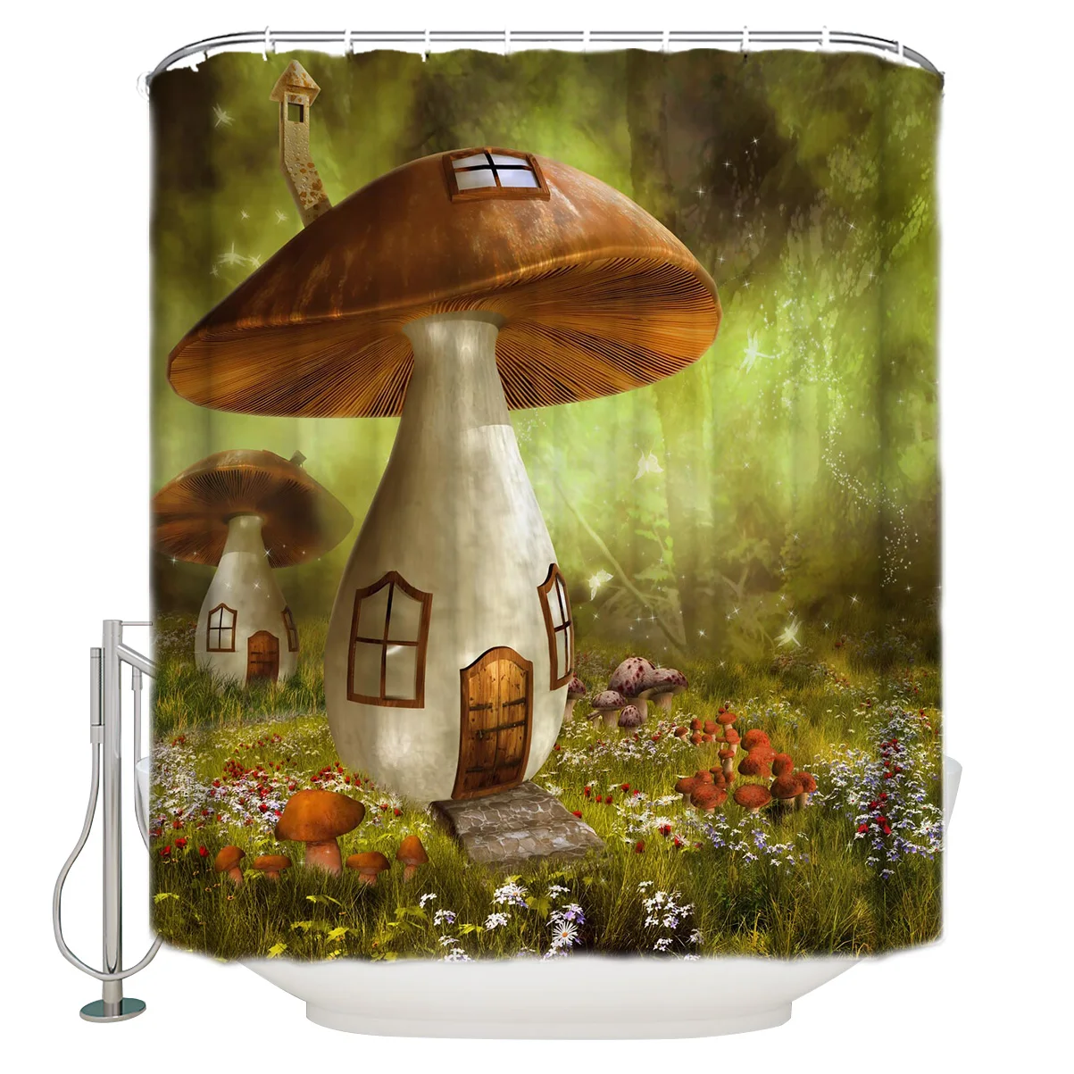 

Водонепроницаемая душевая занавеска с рисунком грибов, луга, леса, с крючками