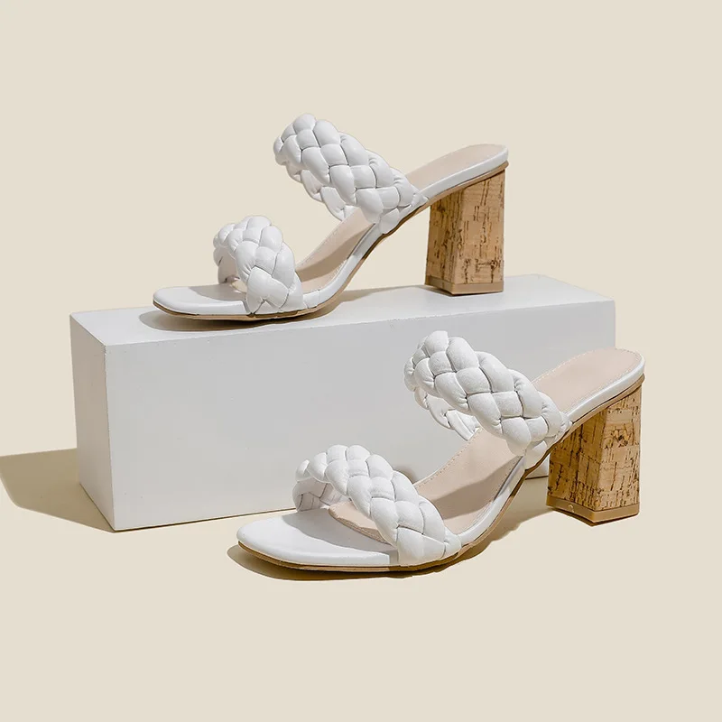 

Новые летние женские мюли на искусственном каблуке, пикантные шлепанцы на высоком каблуке с отделкой под дерево, женская модная женская обу...