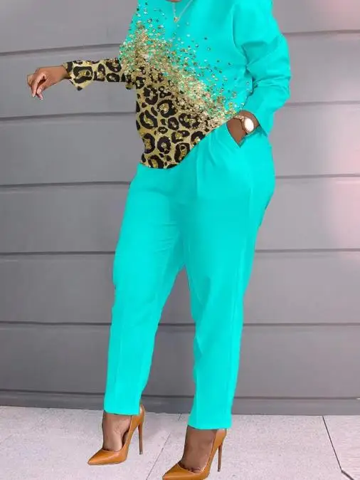 Женский Повседневный брючный костюм с принтом и длинным рукавом