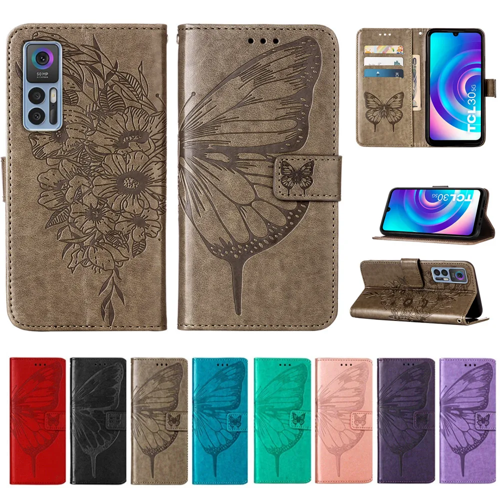 

Cute Butterfly Embossed Leather Flip Case For TCL 30V 30XE 30 Plus 303 30Z 30T 305i Stylus 5G T-Mobile Revvl 6 Pro Wallet Cover