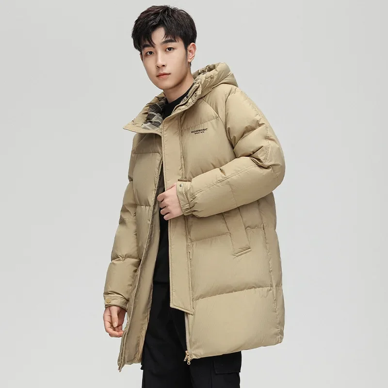 Модное однотонное зимнее пуховое пальто средней длины с капюшоном для мужчин