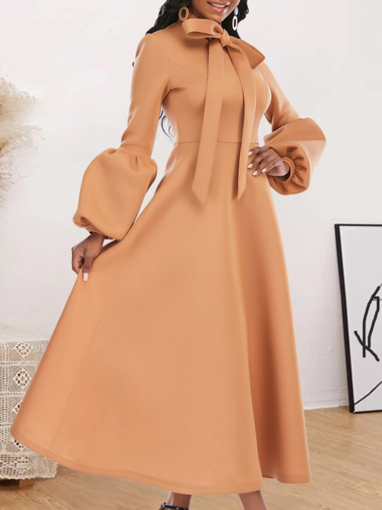 

Women Party Dresses High Waist A Line Long Lantern Sleeve with Bowtie Collar Midi Celebrate Event Occasion Vestidos Female Robes