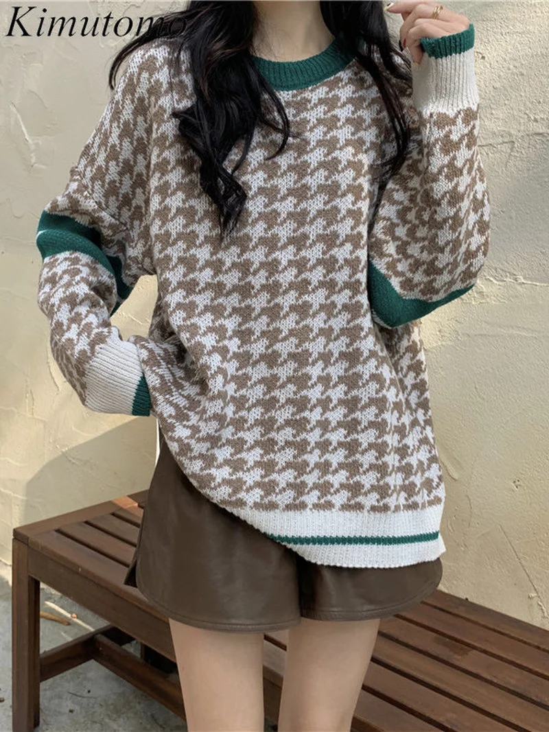 

Kimutomo Elegant Loose Plaid Contrast Color Sweater Woman Vintage Lazy Style Casual O-neck Long Sleeves Versatile Knit Pullover