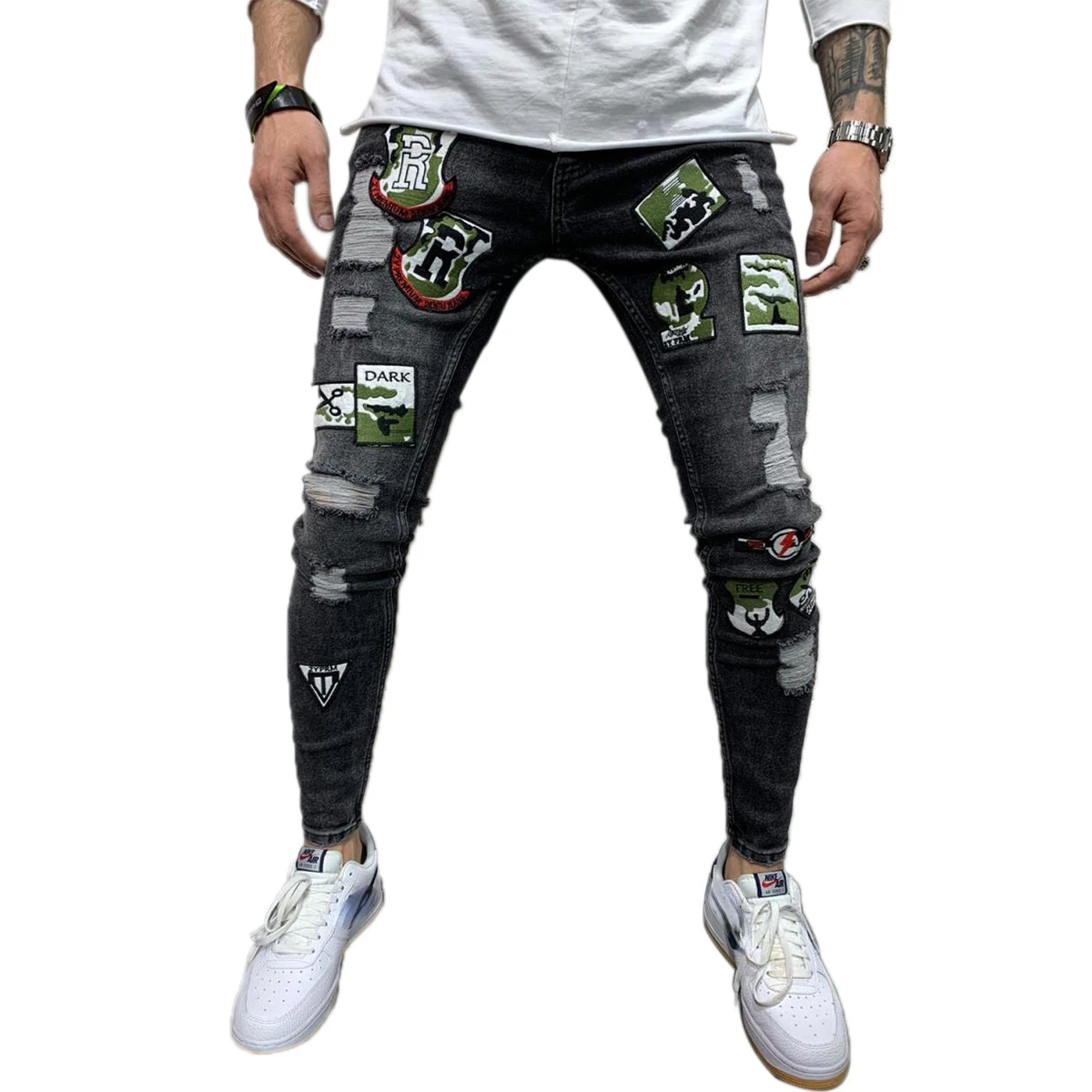 

2 Styles Men Stretchy Ripped Skinny Biker Embroidery Print Jeans Destroyed Hole Taped Slim Fit Denim Scratched High Quality Jean