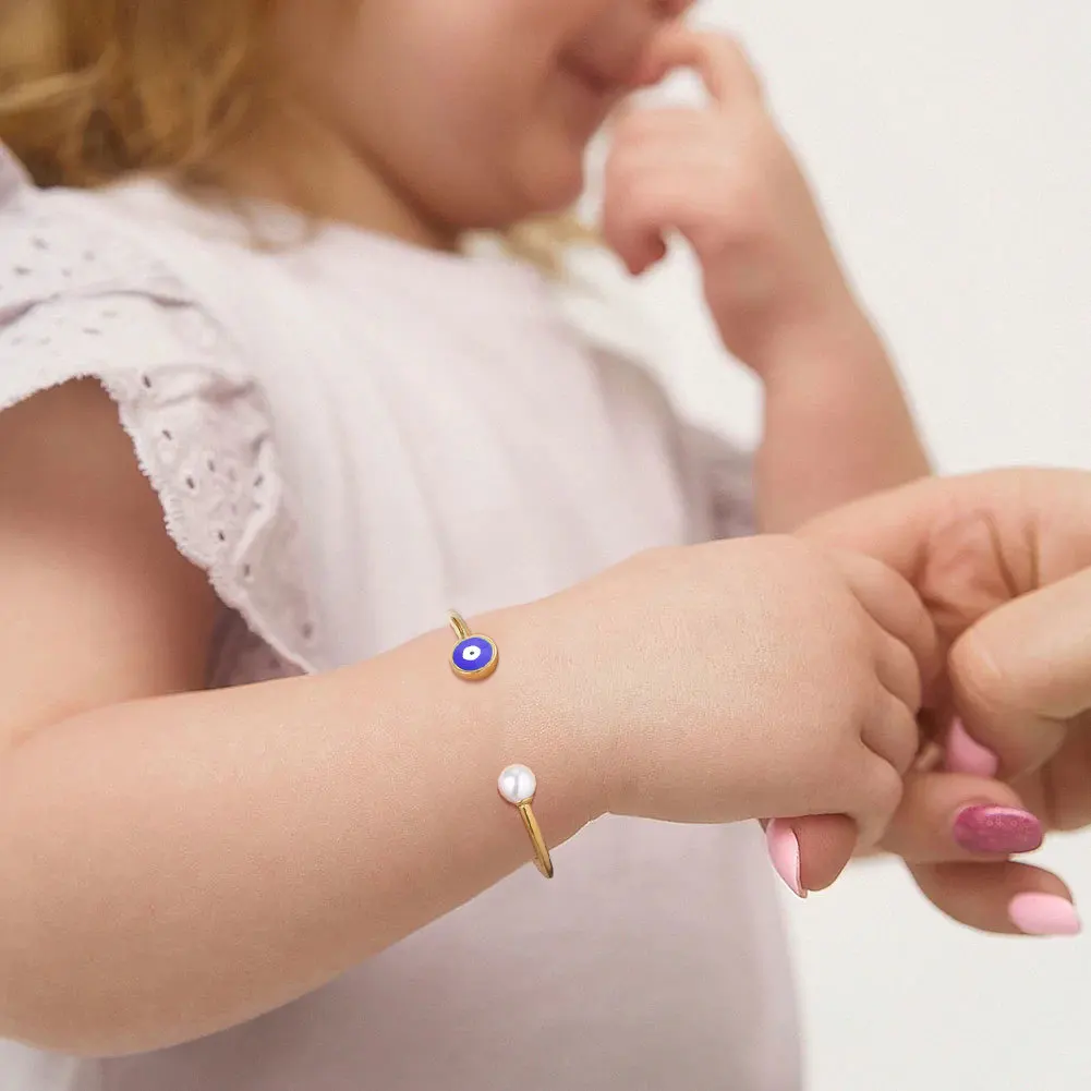 

Blue Evil Eyes Open Cuff Bangle Bracelet With Pearl For Children Kids Baby Girls Women Adjustable Resize Protection Jewelry