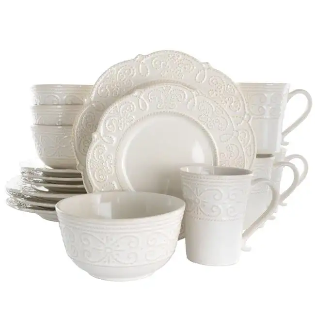 

Luna 16 Piece Embossed Scalloped Stoneware Dinnerware Set in White Tableware Set Restaurant Home Gift
