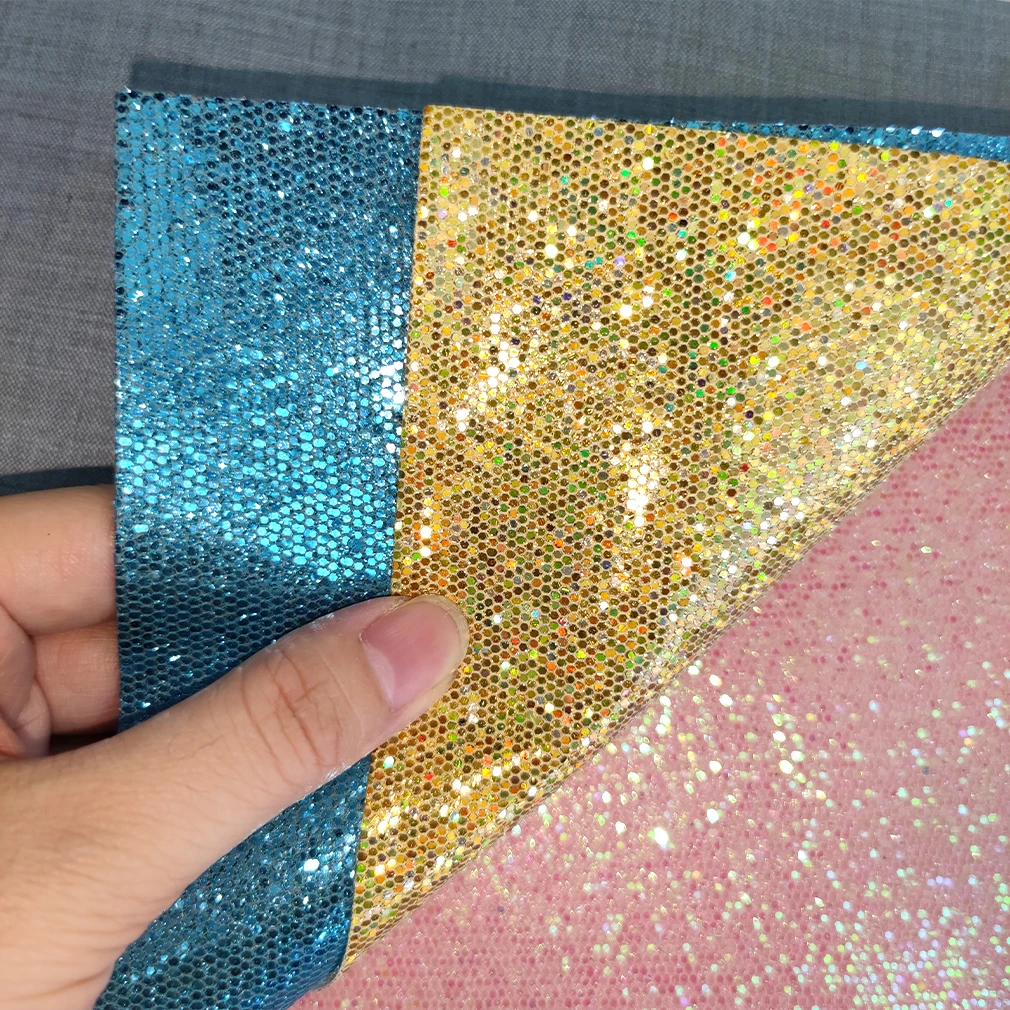 

Holographic starry sky sequin Faux Leather Sheets Glitter Soft Vinyl Fabric Leatherette for Christmas Home upholstery Materials