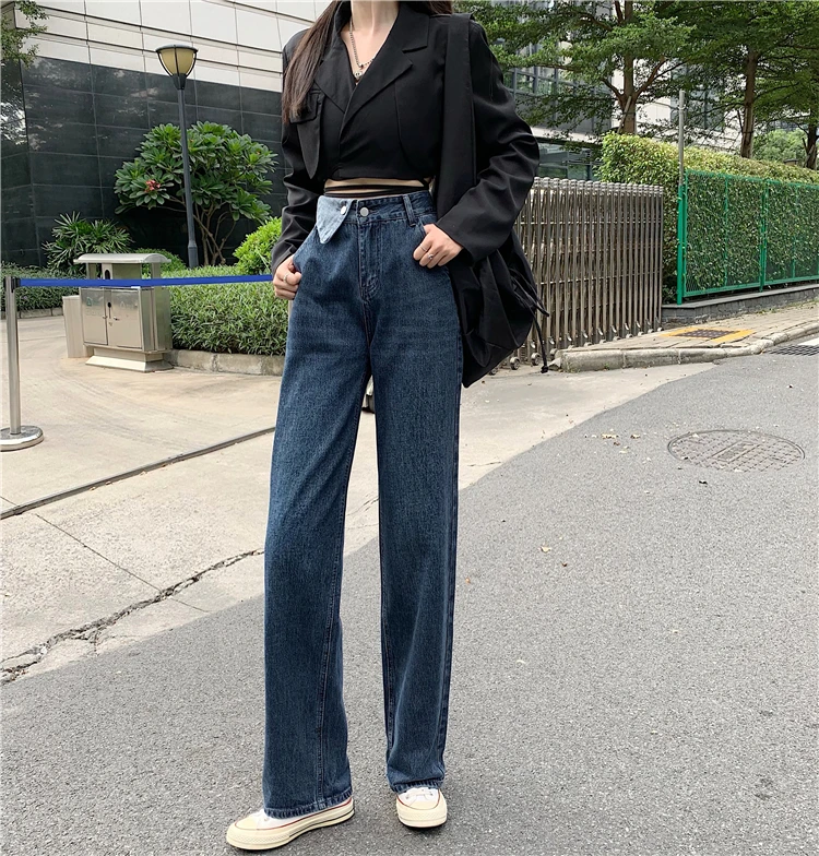 

DD0792 The new straight wide leg loose design sense high street all-match pants high waist jeans