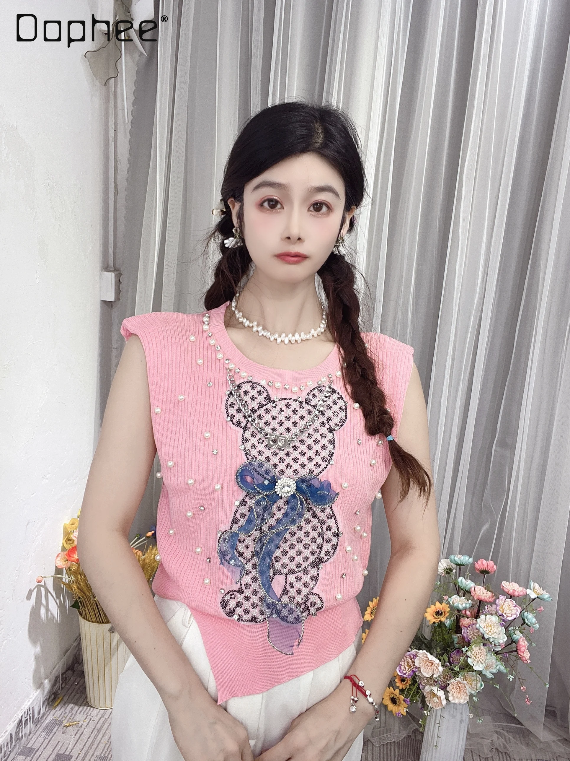 

Cute Rhinestone Beaded Bowknot Cami Tank Top Korean Fashion Sweet String Beads Bear Irregular Non-Woven Crop Knitted Vest Tops