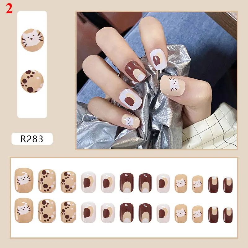 

New Hot 24Pcs/Set Cute Cat And Bear Pattern Design False Nail French Stiletto Full Cover Fake Nails Manicure Nail Art Tools