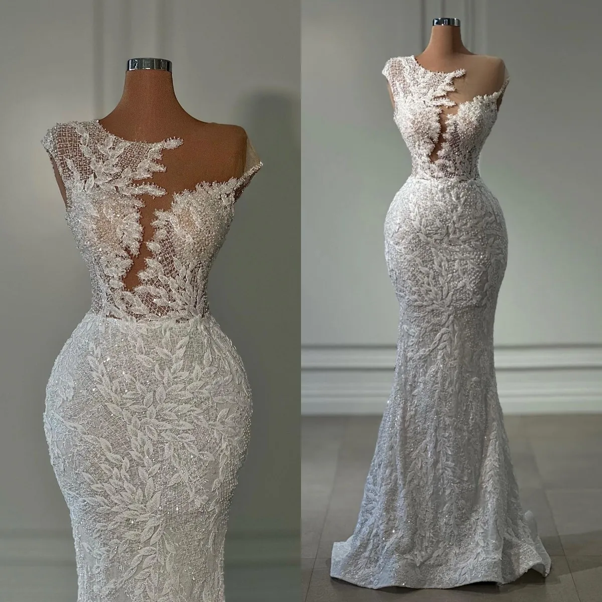 

Gorgeous Lace Mermaid Wedding Dresses Bridal Gowns Sheer Jewel Neck Beads Appliqued Sleeveless Boho Country Vestidos De Novia
