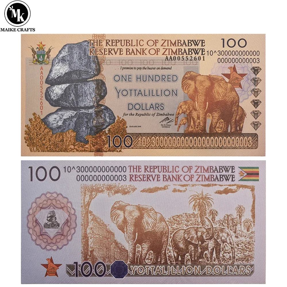 Золотая банкнота Зимбабве 100 йотталлионов долларов слон MAI KE
