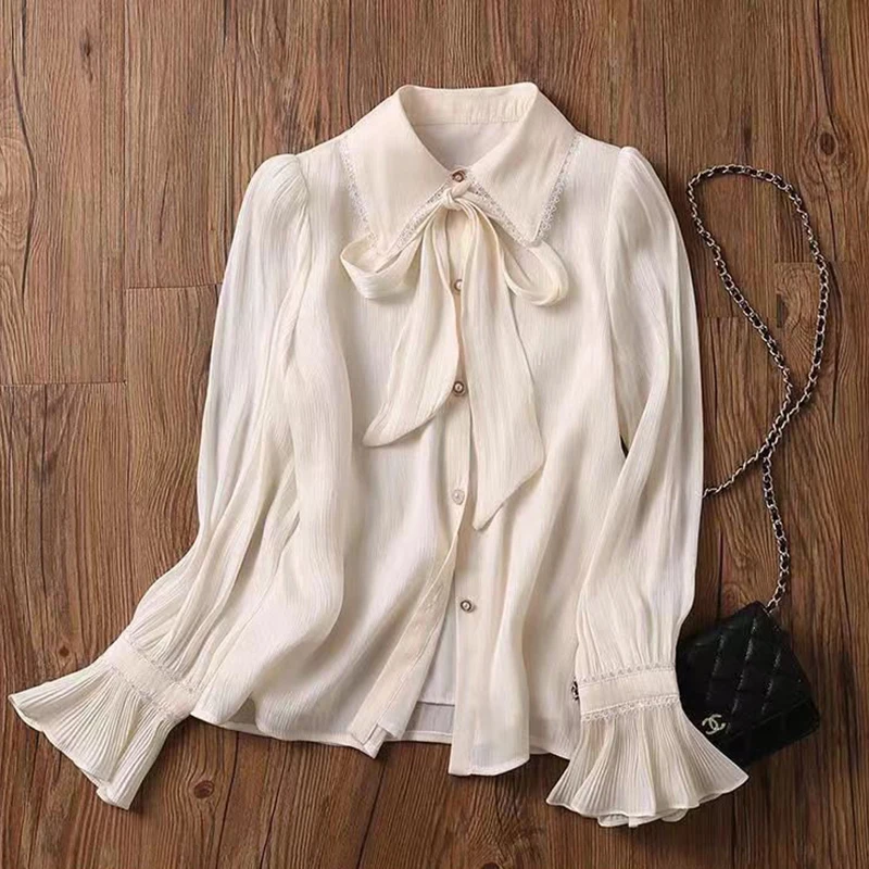 

Высококачественная винтажная рубашка в дворцовом стиле, плиссированная рубашка с расклешенными рукавами, женская блузка, модная женская рубашка 2023, блестящая женская блузка с бантом и лентой, топы