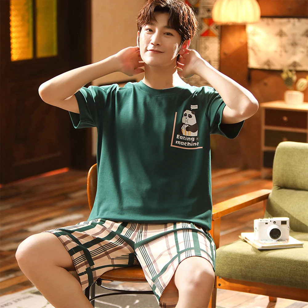 

Summer Cotton Pyjamas Spring Casual Pajamas With Plaid Shorts For Men Lovely Panda Print Pajama Sets Comfortable Cool Sleepwear