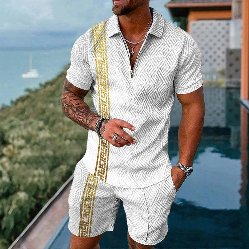 Fashion Men's Polo Set Summer Vintage Tracksuit Casual Turn Down Collar Male Polo Shirt Suit Clothing Hawaii Style Streetwear