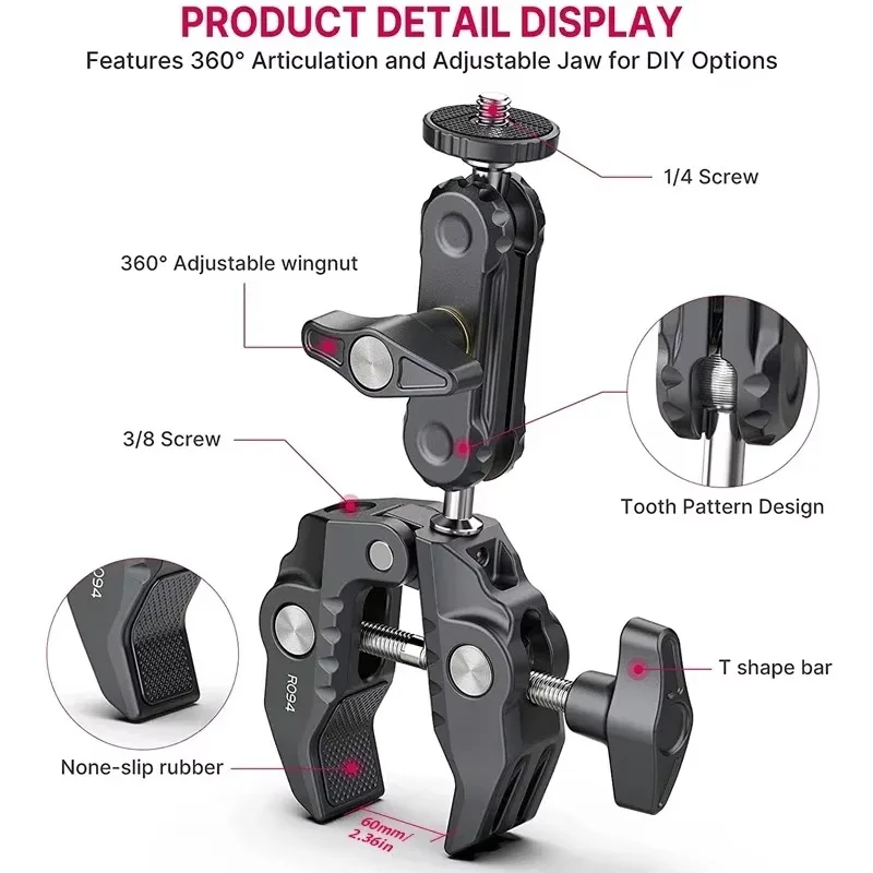 Фото U-lanzi R094 Металлический суперзажим с двойной шаровой головкой Magic Arm Clamp с отверстием 1/4 дюйма 3/8 дюйма для крепления микрофона с подсветкой монитора камеры DSLR №3