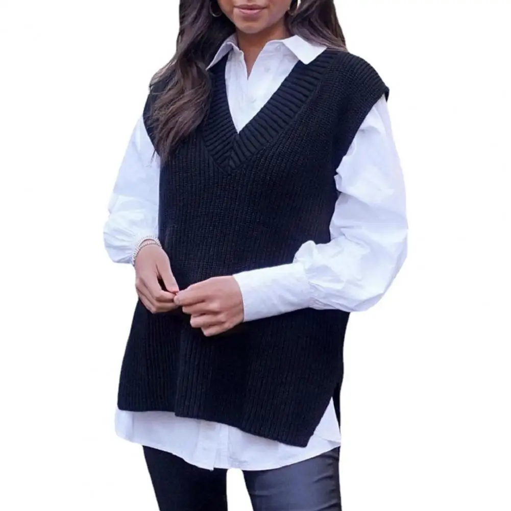 

Trendy Sweater Vest Top V Neck Washable Women Knitted Vest Split Knitting Vest Waistcoat
