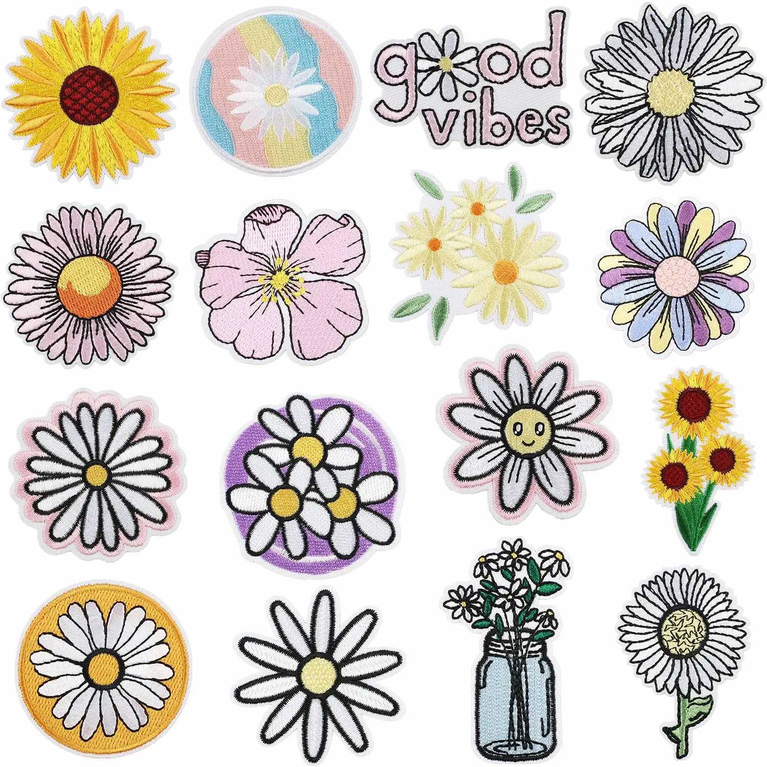

Exquisite Sunflower Embroidery Iron on Patches White Daisy Blossom Thermo Adhesive Appliques Good Vibes Badge for Girls Clothing