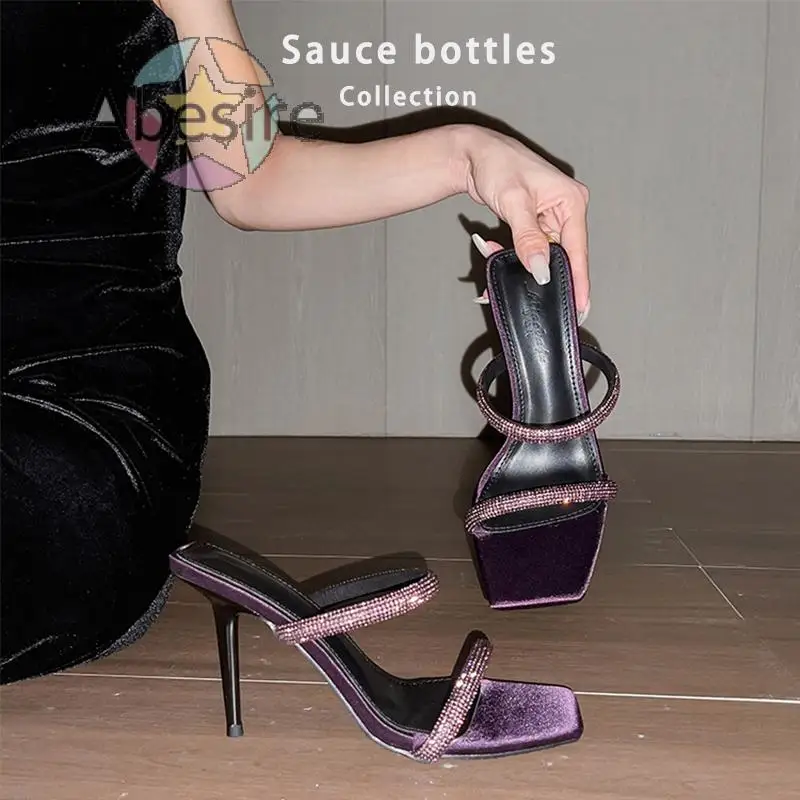 Сандалии женские без застежек открытый квадратный каблук-шпилька фиолетовый