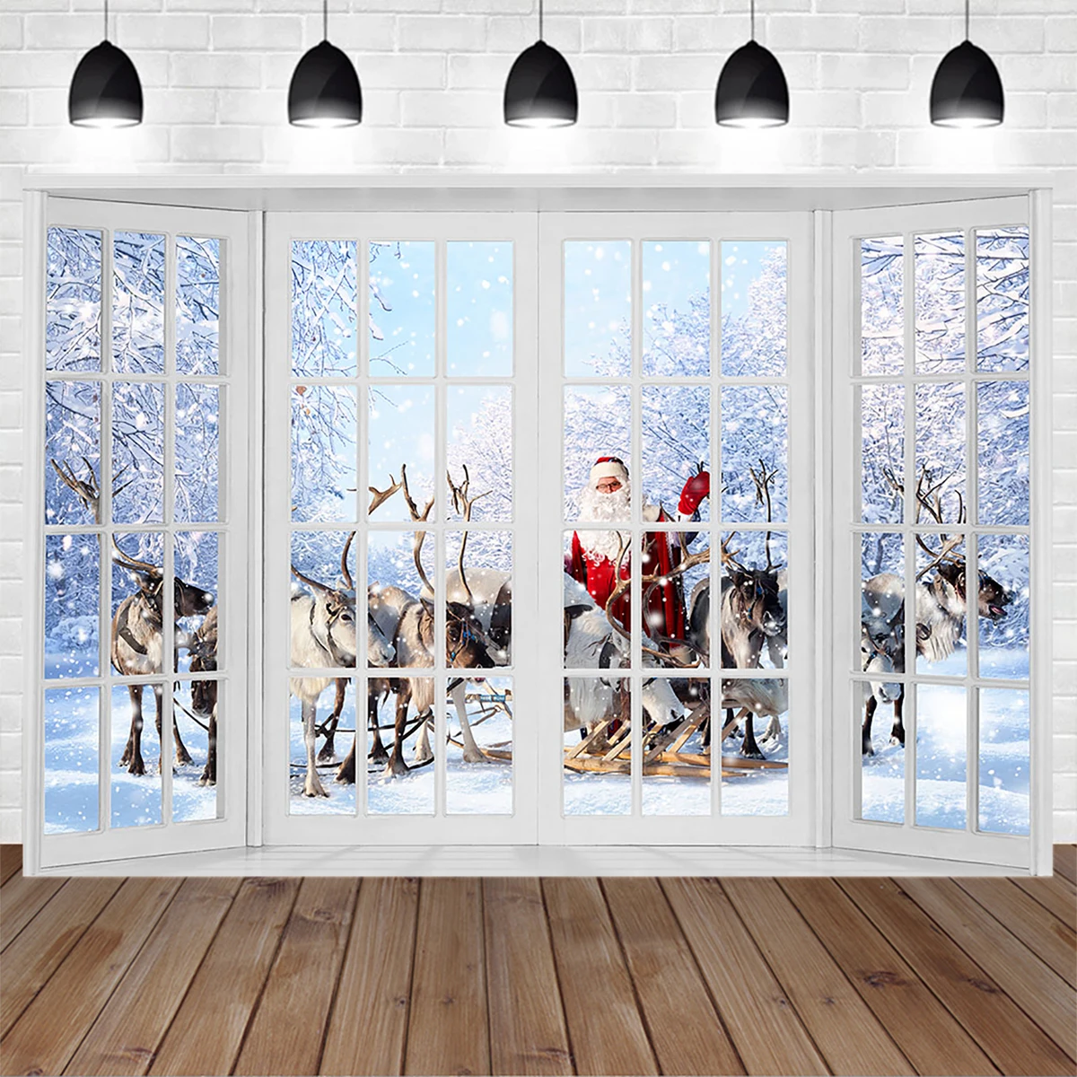 

Mocsicka Christmas Window Indoor Background Photography Snow Santa Elk Frozen Scene Backdrop for Family Baby Photo Studio Props