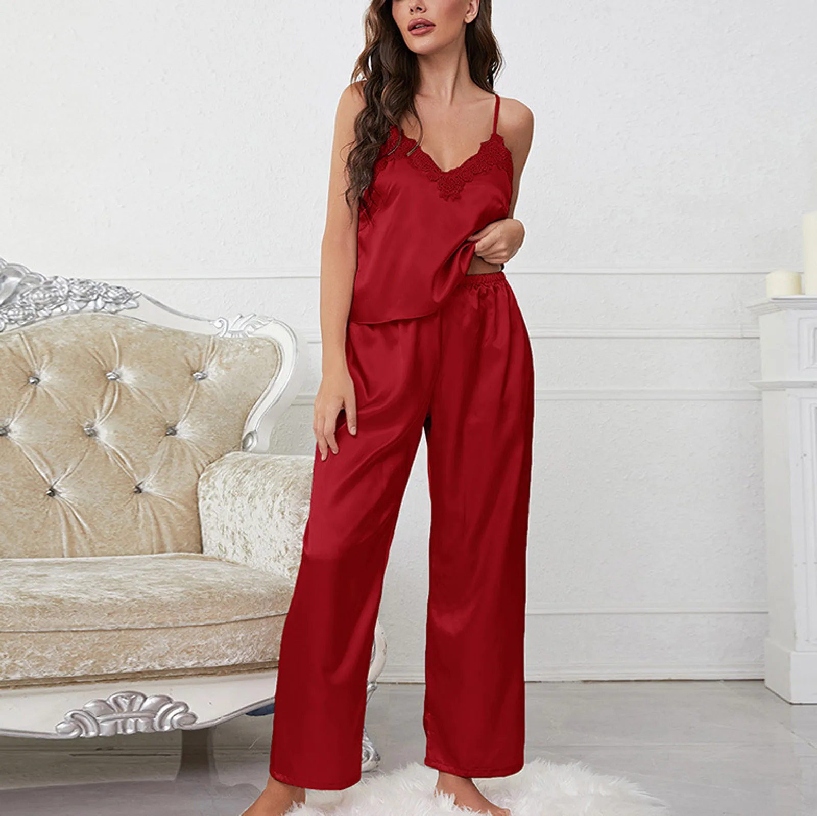 

2023 New Lace Pajama Sets For Women Solid Color Nightgown Sets Lingerie Satin Lingerie Nightie Nightgowns Two Piece Suits