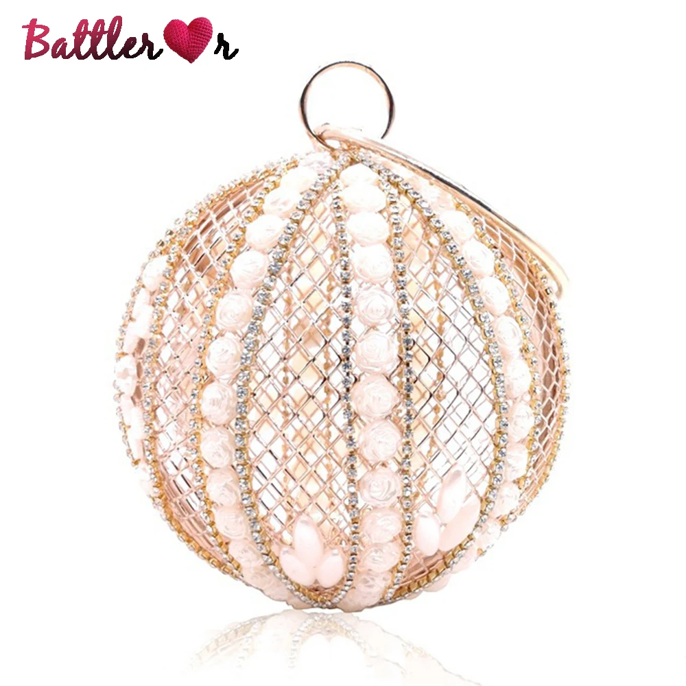 

New 2022 Ball Diamond Pearl Women Party Metal Crystal Handbag Ladies Evening Wedding Totes Bag Female Shoulder Wristlets Clutch