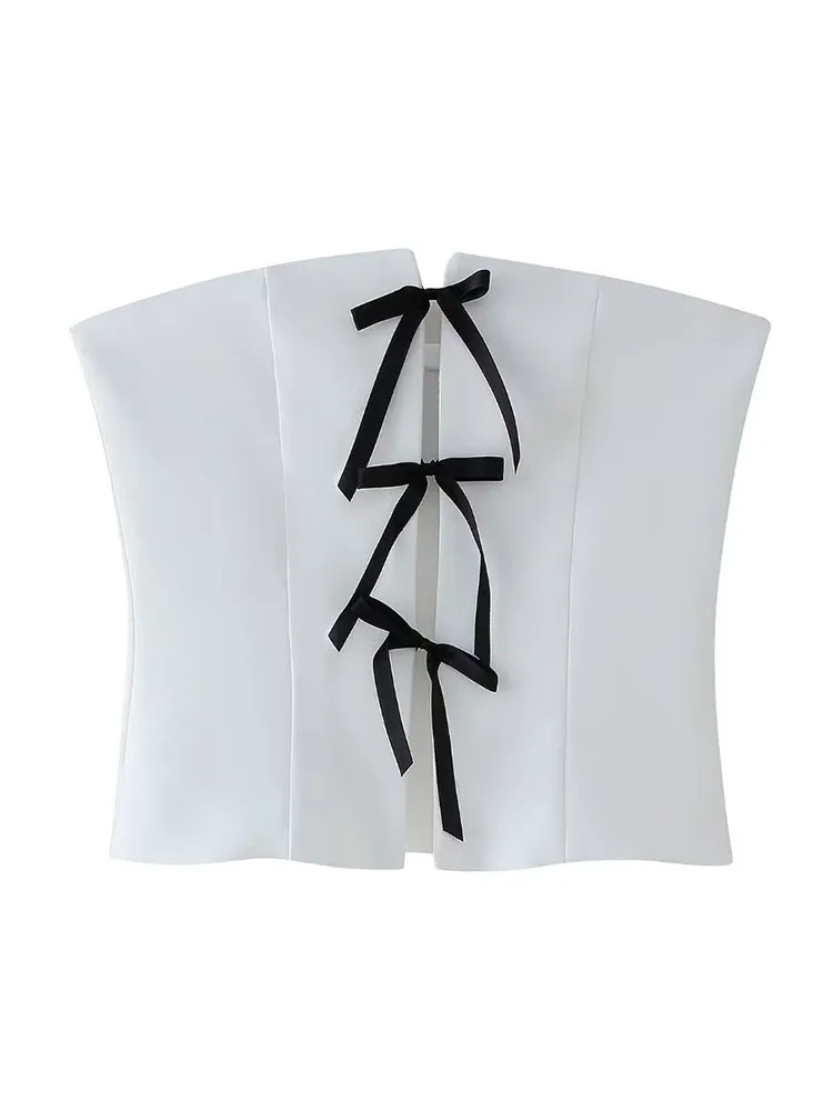 Женский топ на шнуровке без бретелек с открытой спиной и бантом