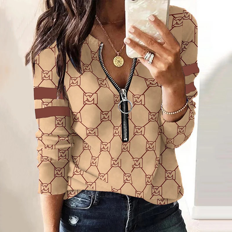 

2022 New Plus Size V-neck Ladies Retro Pattern Long Sleeve T-Shirt Plaid Casual Color Matching Ladies Fashion Long Sleeve Top