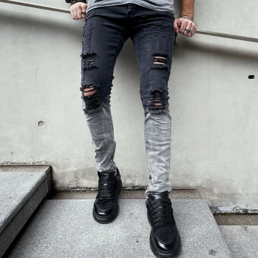 Casual Denim Jeans Men Slim Zipper Black Hole Hollow Out Painted White Stretch Pencil Pants Ripped Jeans Straight Full Length