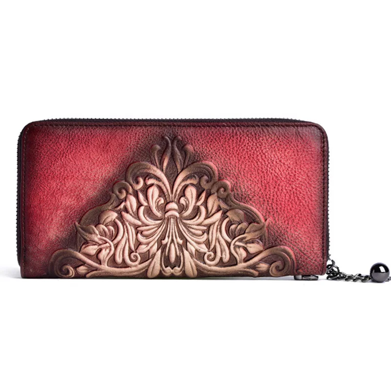 First Layer Cowhide Handy Bag Wrist Purse Multi-Cards Clutch Zipper Bags Female Embossed Retro Women Long Genuine Leather Wallet