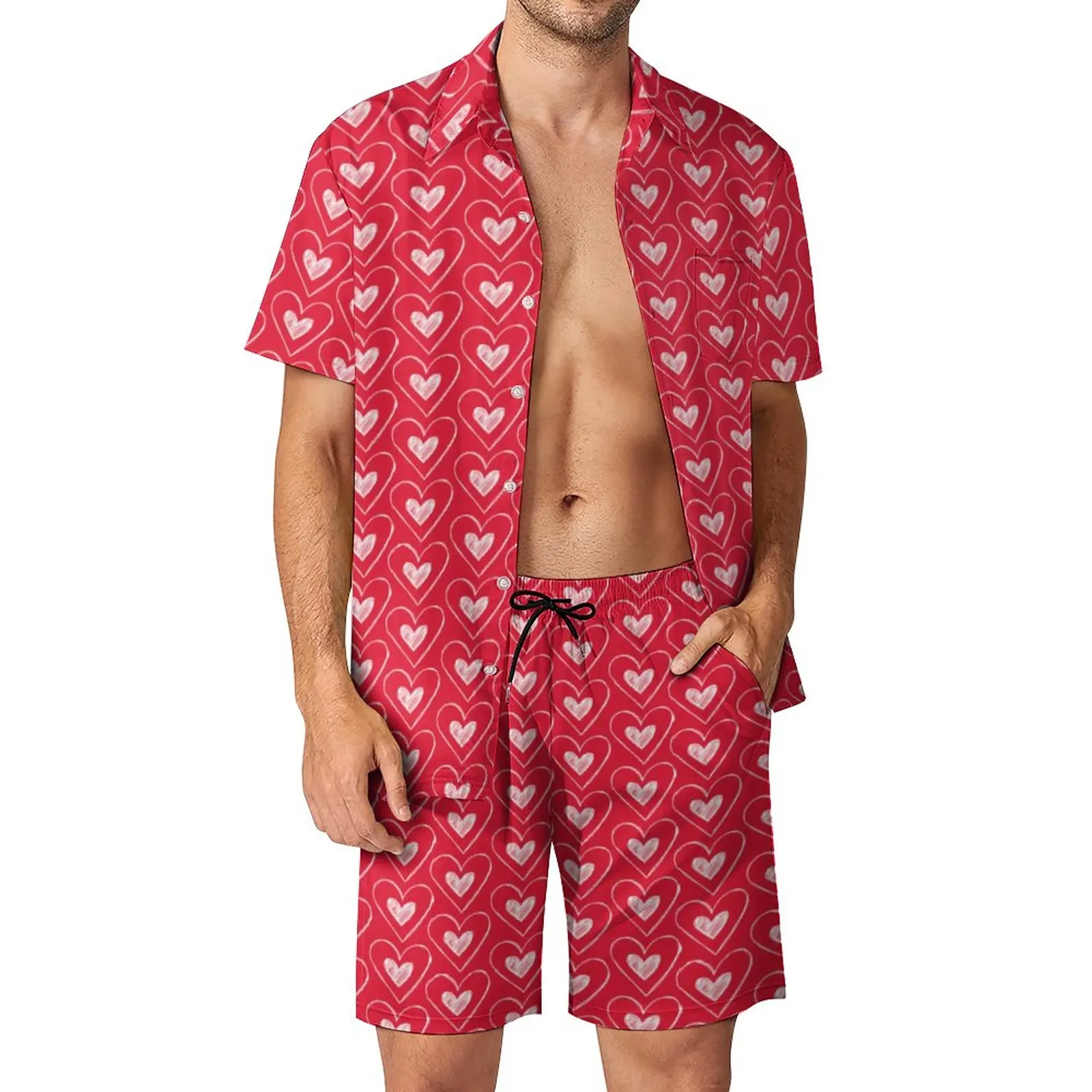 

Red And White Heart Men Sets Valentines Hearts Casual Shirt Set Vintage Vacation Shorts Summer Suit Two-piece Large Size