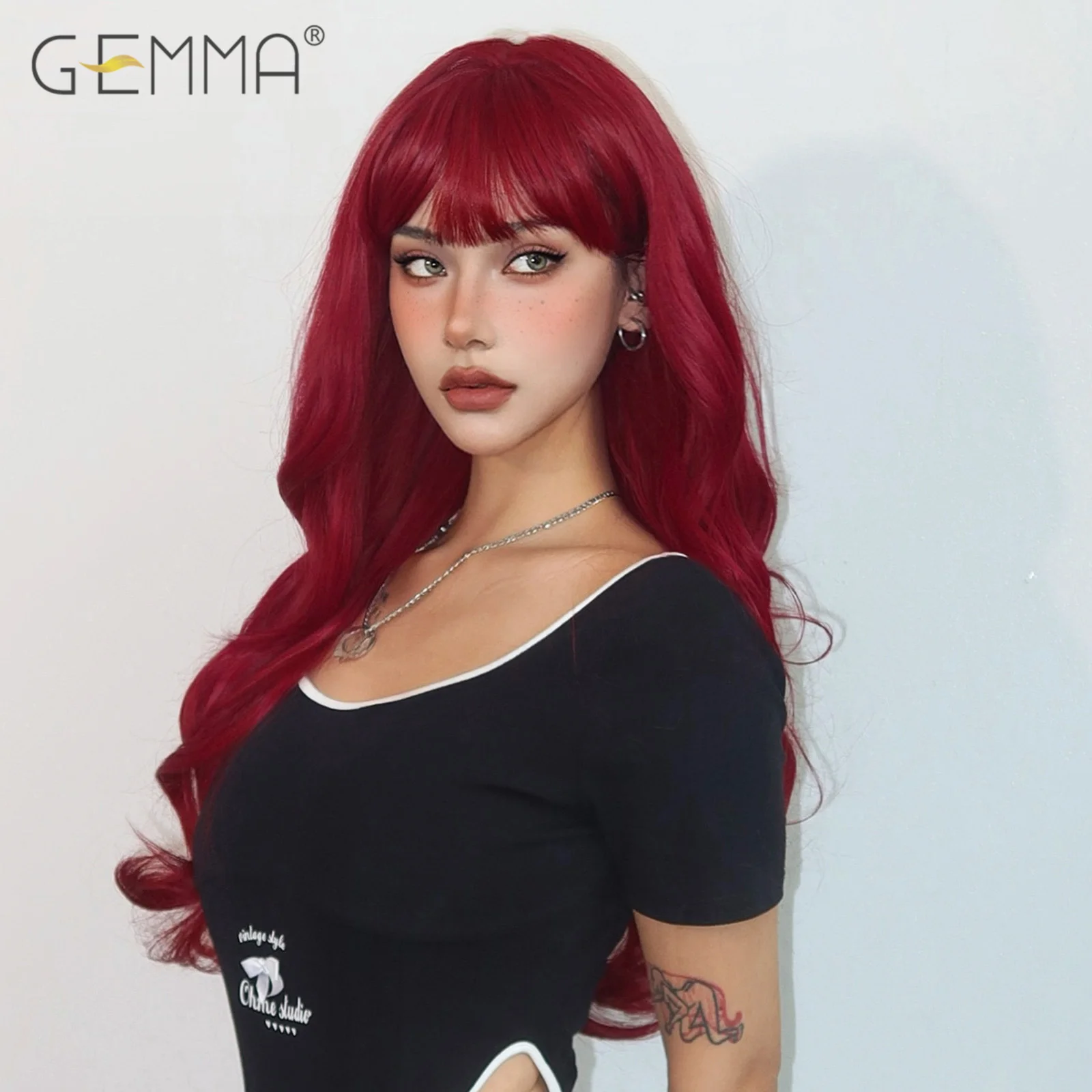 GEMMA темно-красный длинный волнистый синтетический парик с челкой цвет Бургунди