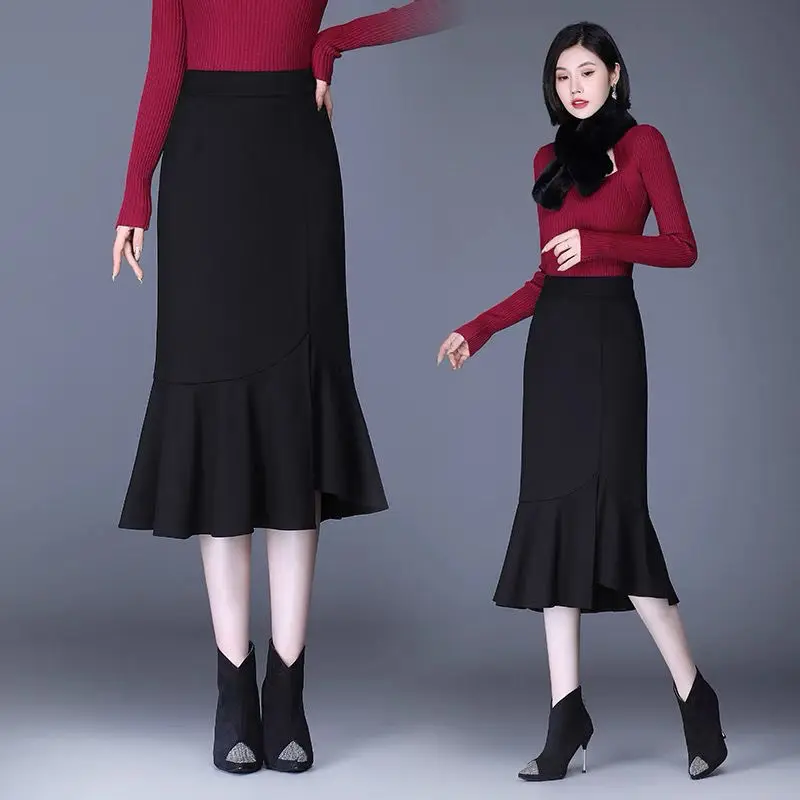 

Patchwork Ruffle Black Fishtail Skirt Women 2022 Fashion High Waist Bodycon Long Skirts Korean Elegant Skinny Office Lady E144
