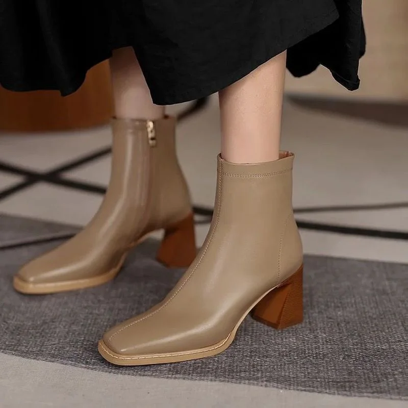 

Women's Ankle Boots PU Leather Round Toe Soild Chunky High Heel Side Zip Botas 2022 Autumn Temperament Sapatos Femininos