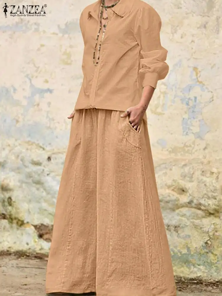 

2023 ZANZEA Solid Fashion Tracksuit Matching Sets Female Street Casual Elegant Outfits 2PCS Full Sleeve Tops Wide Leg Pant Suit