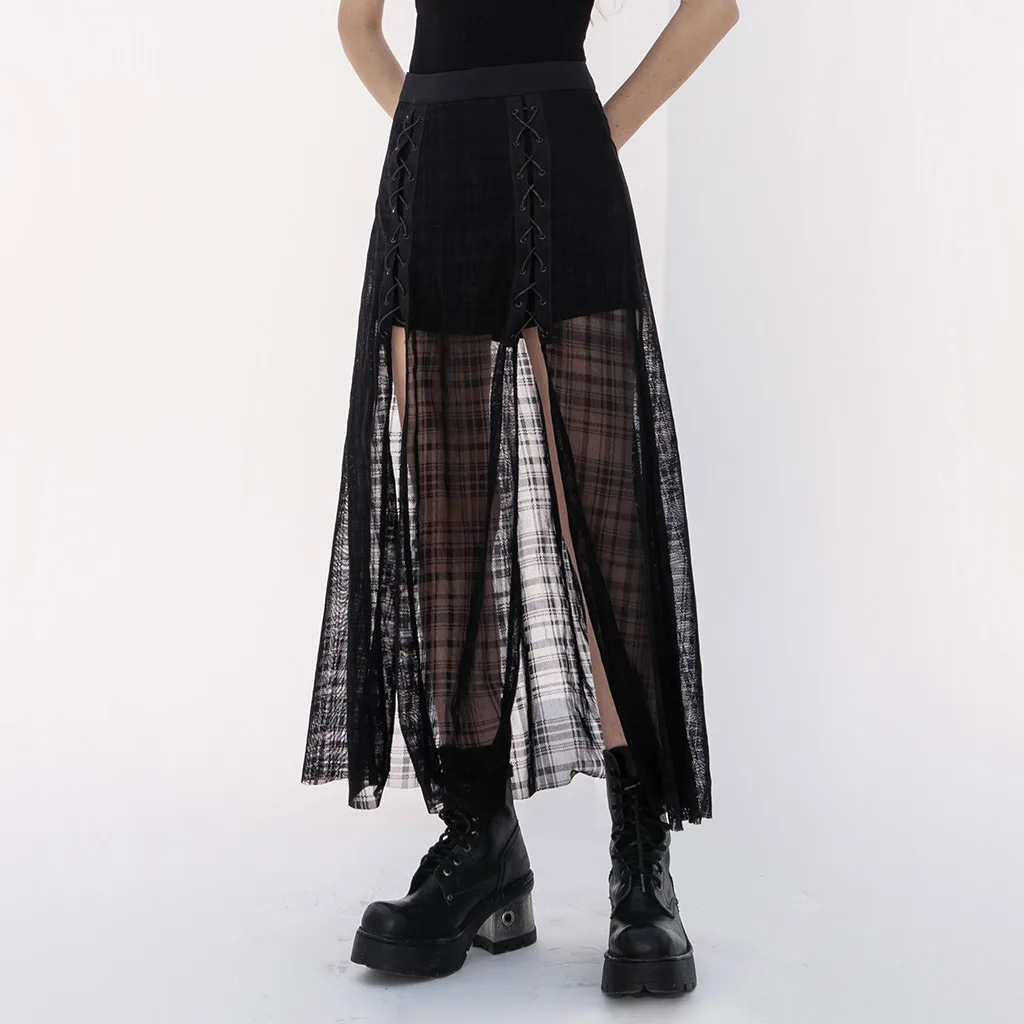 PUNKRAVE Women's Skirt Punk Medium-length Grid Mesh Pant Skirt Daily Wear Elastic Waist A-line Long Skirt