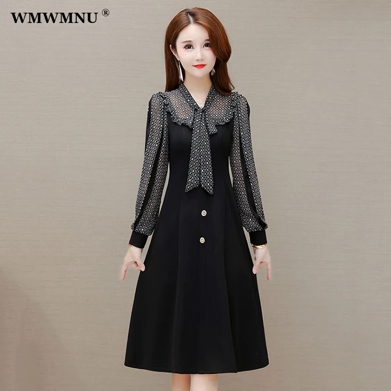Black Print Patchwork Long Sleeve Party Dress Women Elegant Scarf Collar Ruffle Knee-Length A-Line Dresses Vestido Mujer 5Xl 4Xl
