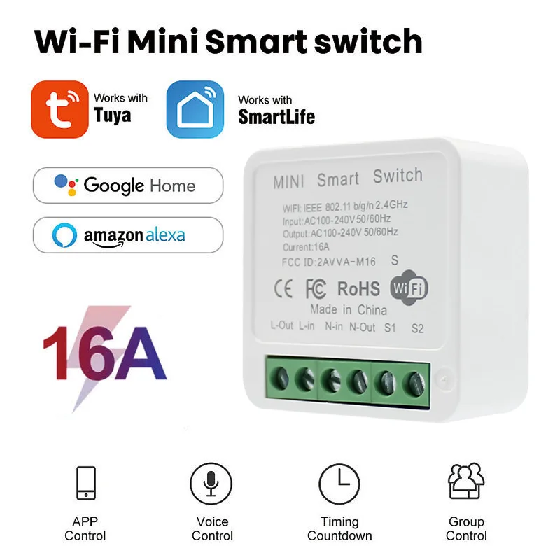 

Tuya 16A Mini Wifi Smart Switch Module 2-way Remote Control Smart Home Life Light Switches Work With Alexa Google Home SmartLife