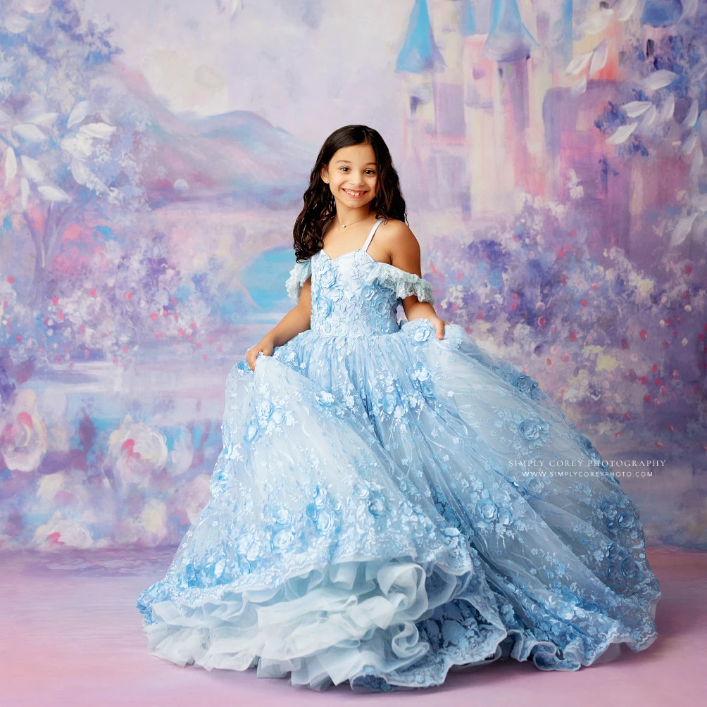 

Puffy Blue Ball Gown Girls Pageant Dresses Lace Appliqued Kids Birthday Party Gowns Children Wedding Guest Little Girl Dresses