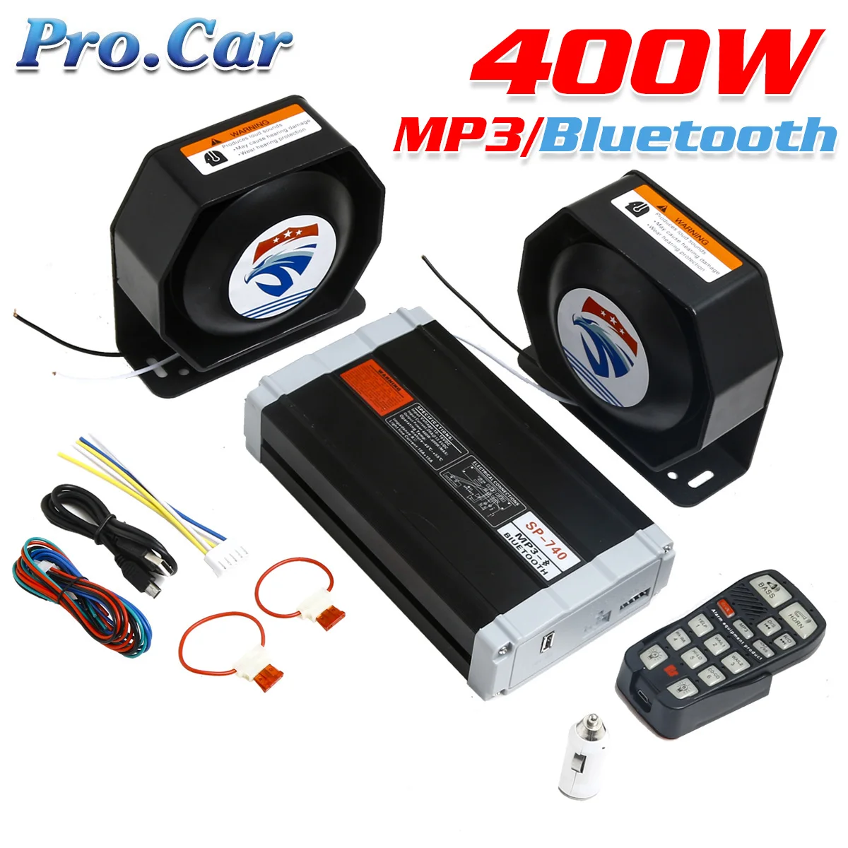 Altavoz electrónico para coche, bocina de sirena de policía de 400W, 12V, Compatible con función Bluetooth, Kit de fuego policial