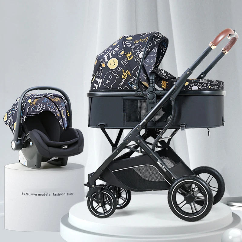 New Cartton Baby Stroller 3 In 1 with Car Seat PU leather foldable Newborn carriage travel trolley pram newborn pushchair baby