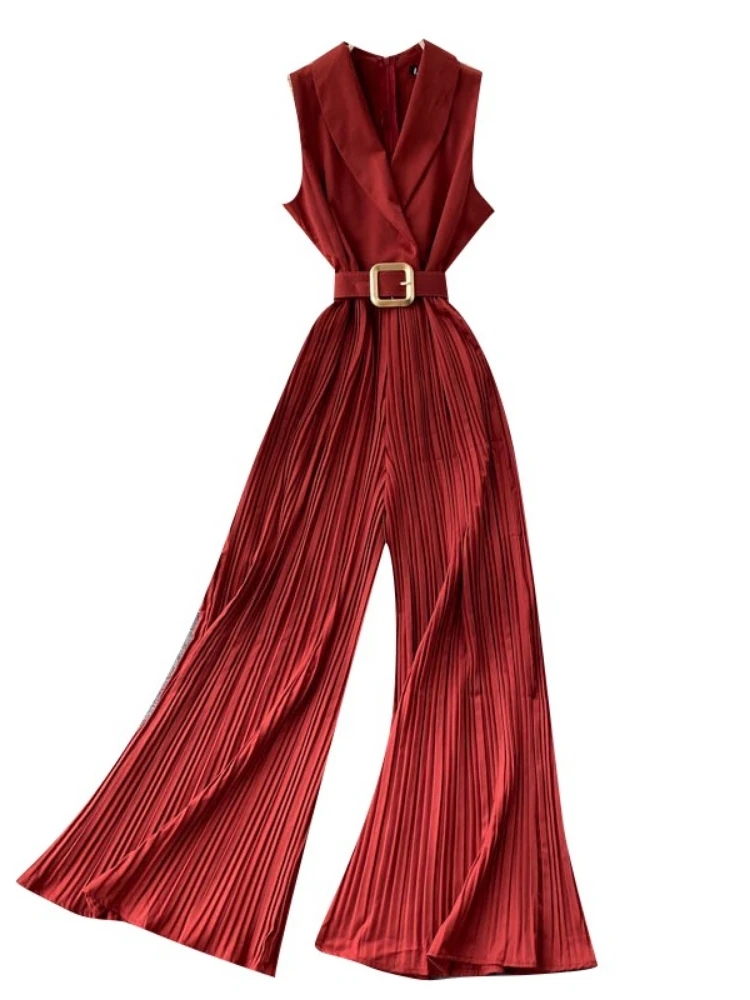 

Women Jumpsuits 2022 Summer OL Style Solid Sleeveless High Waist Wide Leg Playsuits