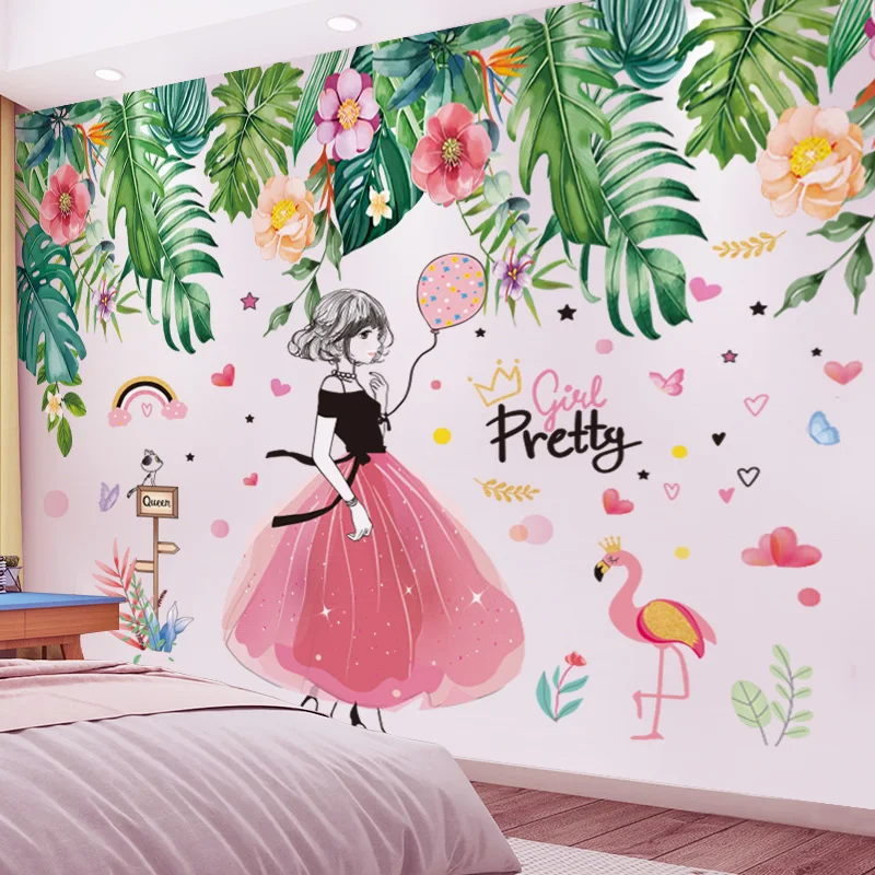 Tropical Tree Leaves Wall Stickers DIY Cartoon Girl Wall Decals for Kids Room Baby Bedroom Kindergarten Nursery Home Decoration