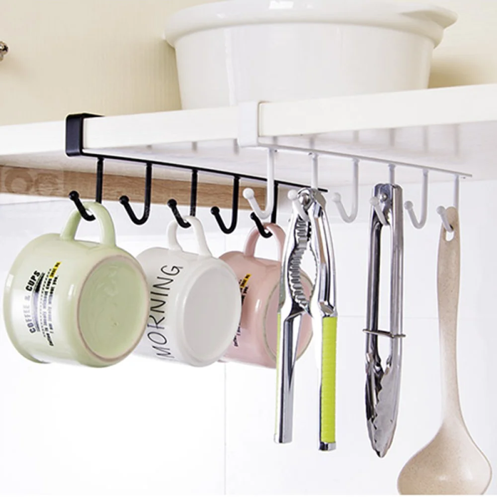 

6 Hooks Kitchen Accessories Shelf Storage Hooks Clothes Hanging Wardrobe Kitchen Organizer Cup Holder Glass Mug Holder