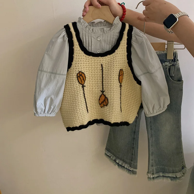 Жилет на бретельках рубашка штаны джинсы корейский стиль для девушек с цветами