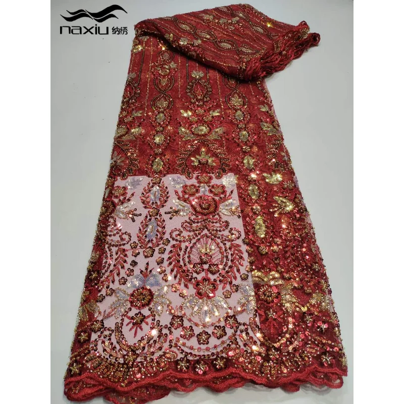 

Top Quality Luxury Handmade Beads African Lace fabric 2023 Sequins Embroidery Lace Fabric Nigerian For Bridal Dress
