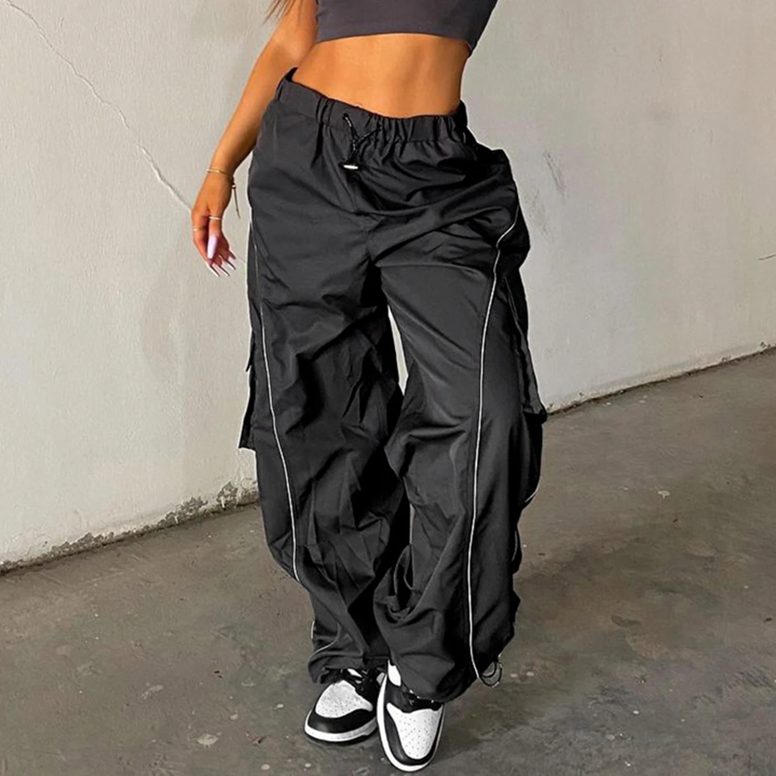 

Women Casual Sweatpants Drawstring Y2K Ladies Cargo Pants Loose Pockets Hip-Hop Summer High Waist Simple Vintage Streetwear