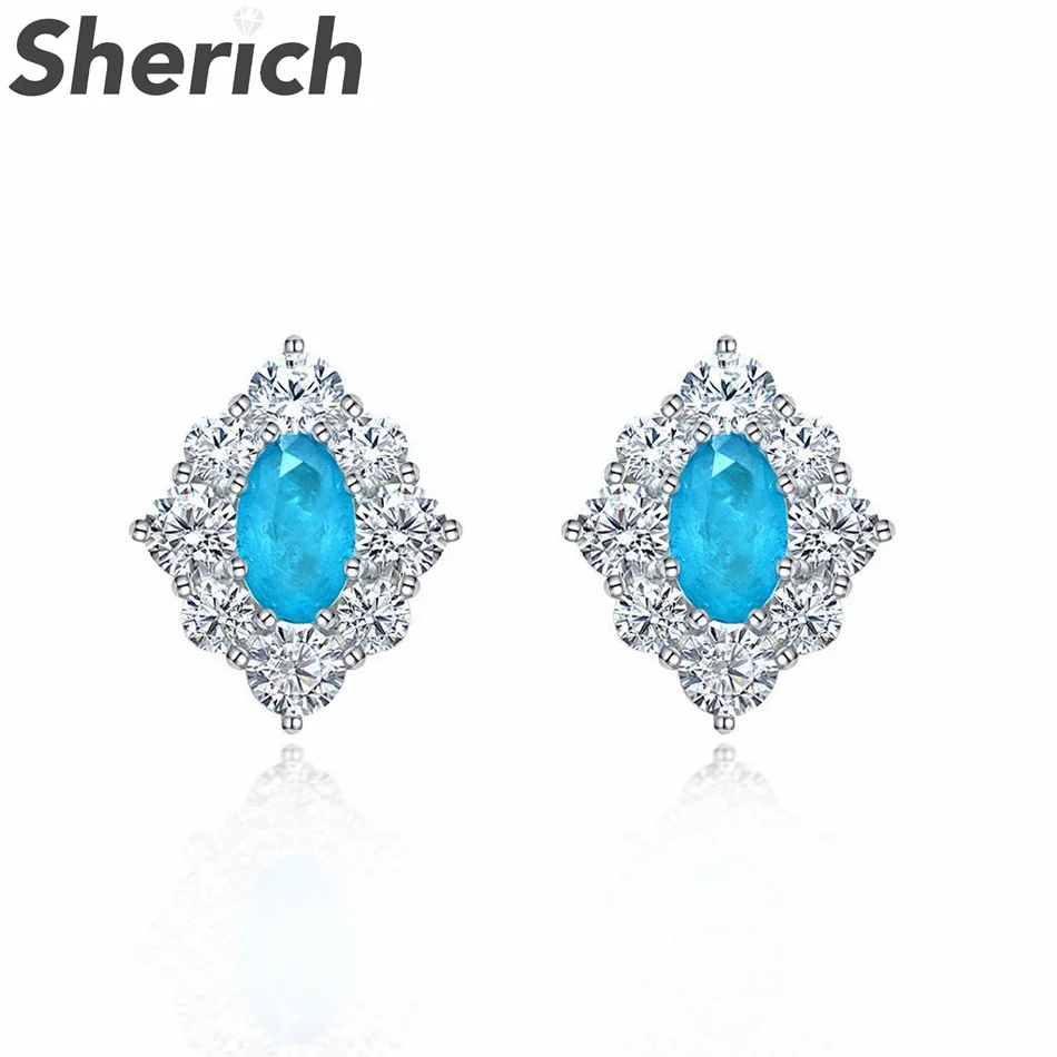 

Sherich 1.2ct Synthetic Paraiba Egg Shape High Carbon Diamond S925 Sterling Silver Luxury Stud Earrings Women's Banquet Jewelry