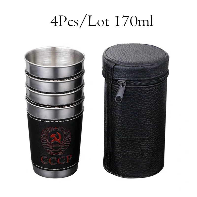 

4Pcs/lot 70ml Camping Cup Outdoor Tableware Travel Cups Water Mugs Stainless Steel Wine Beer Cup PU Leather Picnic Hiking Beach
